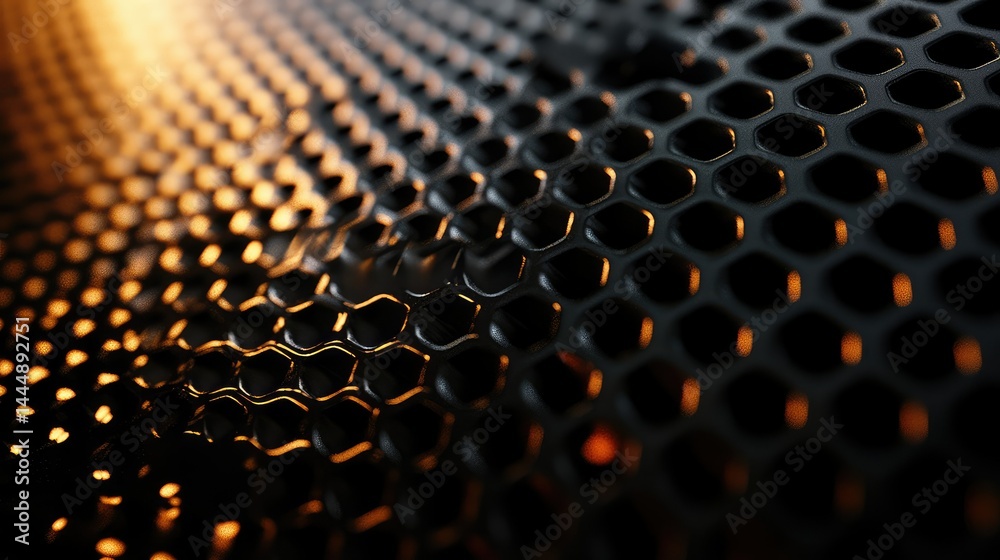 Aufkleber close-up of a metallic honeycomb pattern with reflective surfaces and warm lighting effects, creatin