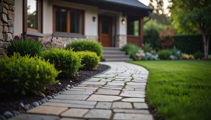 Stone path leads to country house with rich green lawn, Landscaping design with natural stones