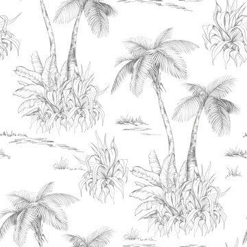 Fototapeta Seamless pattern with tropical trees on white background. Hand drawn pencil illustration.