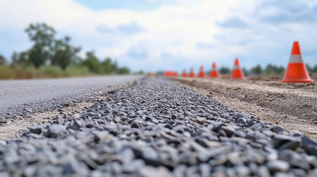 Road widening project in progress with gravel and traffic cones