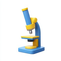 A cartoon microscope in blue and yellow standing on a white background alone