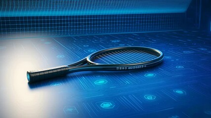 Futuristic Tennis Racket Displayed on Digital Blue Grid Representing Smart Sports Equipment and Modern Athletic Technology
- Powered by Adobe