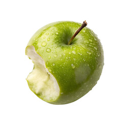 Top view, A single green apple with a small bite taken out, isolated on a transparent background
