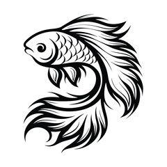 Ornamental Fish with Flowing Fins and Scales Black and White Design