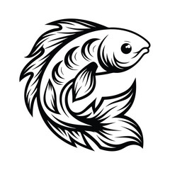 Ornamental Fish Icon Koi Carp in Black and White with Decorative Fins