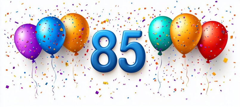 Festive Celebration With Colorful Balloons And Confetti For An 85th Birthday Or Anniversary