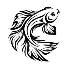 Stylized Fish with Flowing Fins & Tail Black and White Design