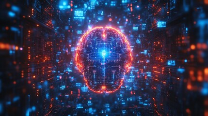 Obraz premium Digital brain in a glowing, data-filled tunnel. Intricate, glowing network of digital circuitry surrounds a central, glowing, digital brain