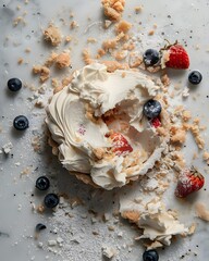 dessert, tart, pastry, cream, berries, food, sweet, baked, gourmet, rustic, strawberry, blueberry, crumble, swirl, flatlay, messy, smashed, broken, scattered, artistic, elegant, minimal, creative, cul