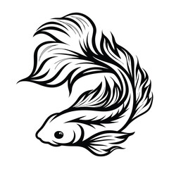 Betta Fish Illustration, Flowing Fins, Aquatic Wildlife, Ornamental Fish,Black Outline