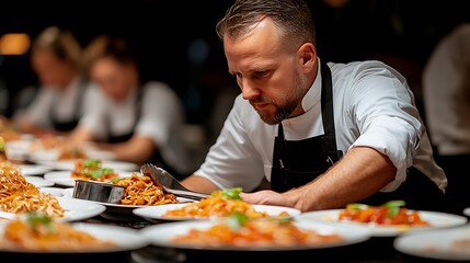 Chef meticulously plating pasta dishes in a busy kitchen
