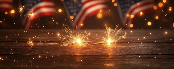 Sparkler Fireworks on Rustic Wooden Table with Blurry American Flag Background Photo