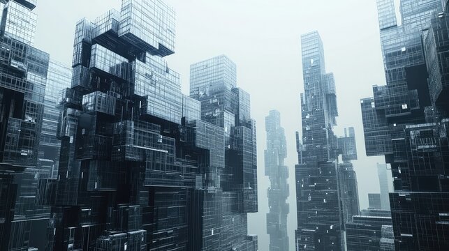 Futuristic Cityscape with Abstract Glass-Like Structures Rising into a Misty Sky, Representing Modern Urban Architecture and Innovative Design Concepts