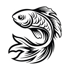 Monochrome Fish Outline, Curving Body and Elegant Fins in Striking Black and White Design