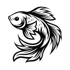 Ornamental Betta Fish Illustration, Elegant Flowing Fins, Monochrome Outline Art Design