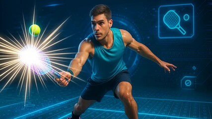 Athlete Playing Tennis with Holographic Racket and Digital Interface Representing Sports Technology and Performance Analytics

 - Powered by Adobe