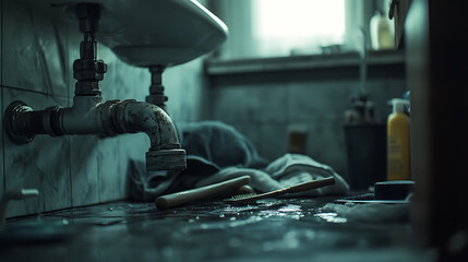 Dilapidated Bathroom with Leaking Pipe and Disarray