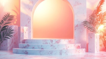 Pastel Pink Marble Arch with Steps and Tropical Leaves at Sunset