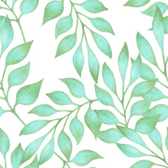 Seamless pattern with graceful turquoise leaves. Watercolor illustration. Hand drawn botanical background. Natural light, simple branches for textile design, packaging, wallpaper, fabric, wall print