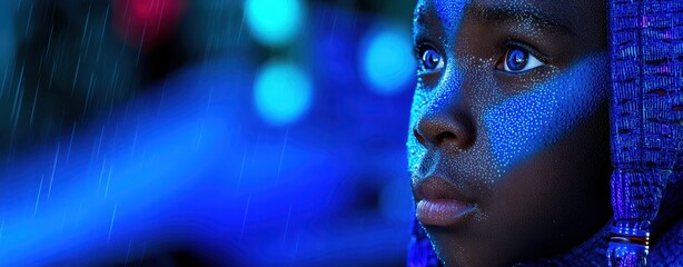 Ethereal Child Gazing into the Cosmos with Space Elements in a Dreamy Double Exposure Effect, Evoking Wonder and Curiosity