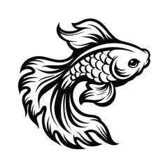Monochrome Betta Fish Silhouette, Flowing Fins, Detailed Scales, Elegant Aquatic Animal