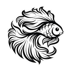 Betta Fish Silhouette, Elegant Flowing Fins, Aquatic Animal, Intricate Black and White Design