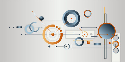 Obraz premium Geometric abstract background with intersecting circles, lines, and dots for presentations, engineering projects, scientific, technical publications. Technological style.