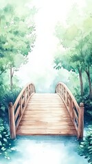 Obraz premium Tranquil Wooden Bridge Over River in Lush Green Forest Watercolor Painting