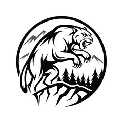 Fierce Tiger Leaping Above Wilderness, Monochrome Style, Mountains, Trees, Circle Design