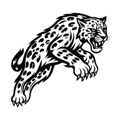 Stylized Black & White Leopard, Leaping Feline, Angry Expression, Isolated on White