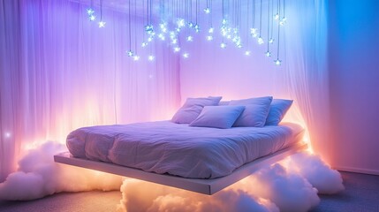 Dreamy bedroom with hanging lights, fluffy clouds, and a levitating bed