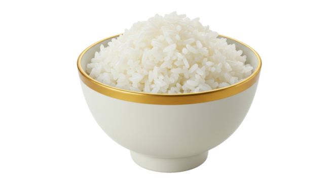 Isolated Bowl of Steaming White Rice with Gold Rim