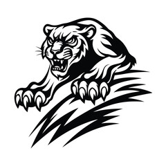 Monochrome Cougar Ready to Pounce, Detailed Fangs, Claws, Strong, Muscular Build