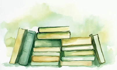 green and yellow watercolor simple silhouette of stacked books   © Iryna