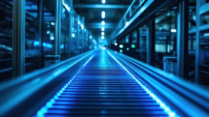 Obraz premium Automated factory conveyor belt system at night