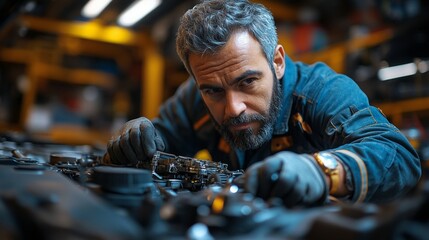 top view of car mechanic inspecting engine under the hood of a white vehicle in modern workshop 