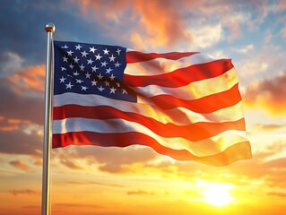 American Flag Waving in the Sunset - 3D Illustration