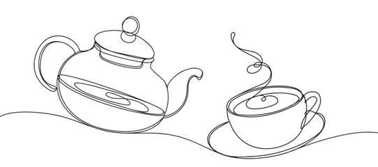 Glass teapot outline with tea cup. Continuous line drawing for tea house, cafe, tea shop. Breakfast outline illustration. Line art for cafe, menu