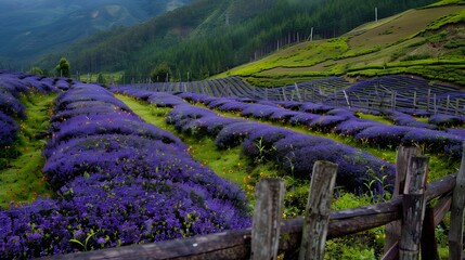 Lush lavender field stretches across rolling hills.