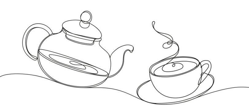 Glass teapot outline with tea cup. Continuous line drawing for tea house, cafe, tea shop. Breakfast outline illustration. Line art for cafe, menu