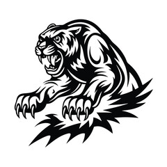 Black and White Roaring Panther Striking with Claws Out, Angry Wildcat Silhouette