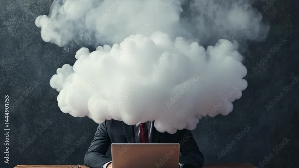 Poster smoke is coming out of businessman's head sitting at desk with laptop, forming a cloud that grows bi