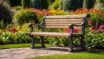 Fototapeta premium A bench in a beautiful flower garden. flowers of various colors are blooming here.