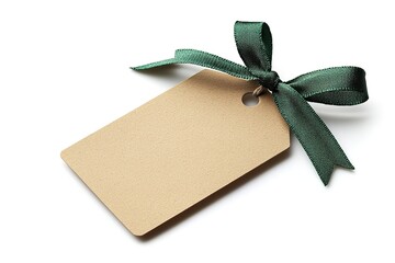 Blank Brown Tag with Green Ribbon Knot, Isolated on White Background, Closeup View