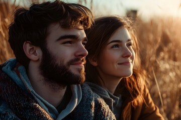 Fototapeta premium Love's Golden Embrace: A close-up shot of a smiling couple, bathed in the warm, soft glow of sunset. Capturing a tender moment of love and connection.