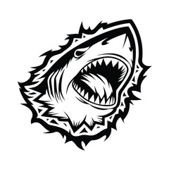 Aggressive Black & White Shark Open Mouth Silhouette Tribal Art Marine Predator