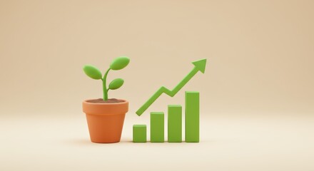 3D render, plant sprout icon, terracotta pot detail, upward arrow graph, growth concept visual