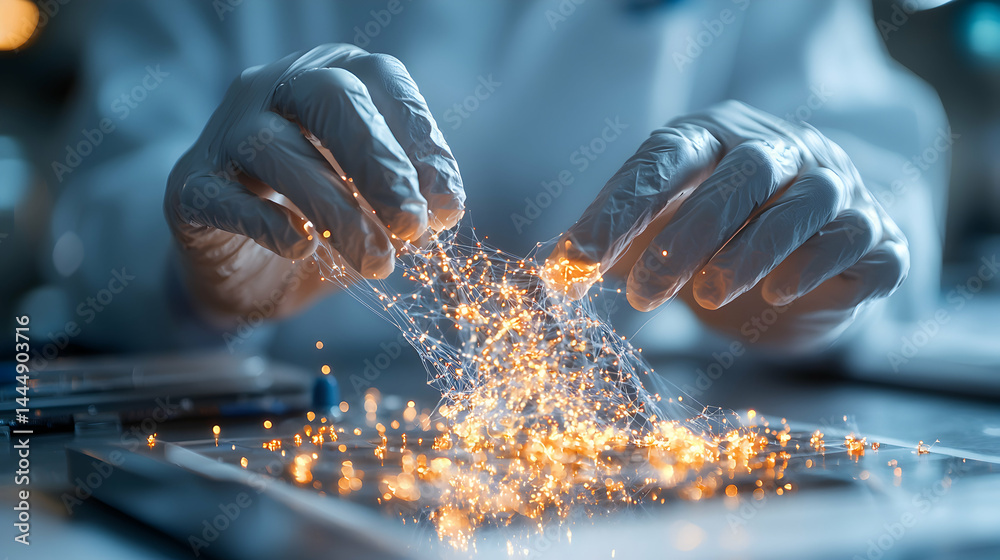 Wall mural a lab worker's hands hold glowing interconnected networks. it could be applied to science technology