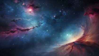 Obraz premium Vast expanse of nebulae and stars in deep space. Colorful cosmic clouds swirl amidst distant starlight