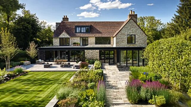 Modern house architecture, blending traditional architectural elements with contemporary design, featuring grand facade, large windows, manicured garden